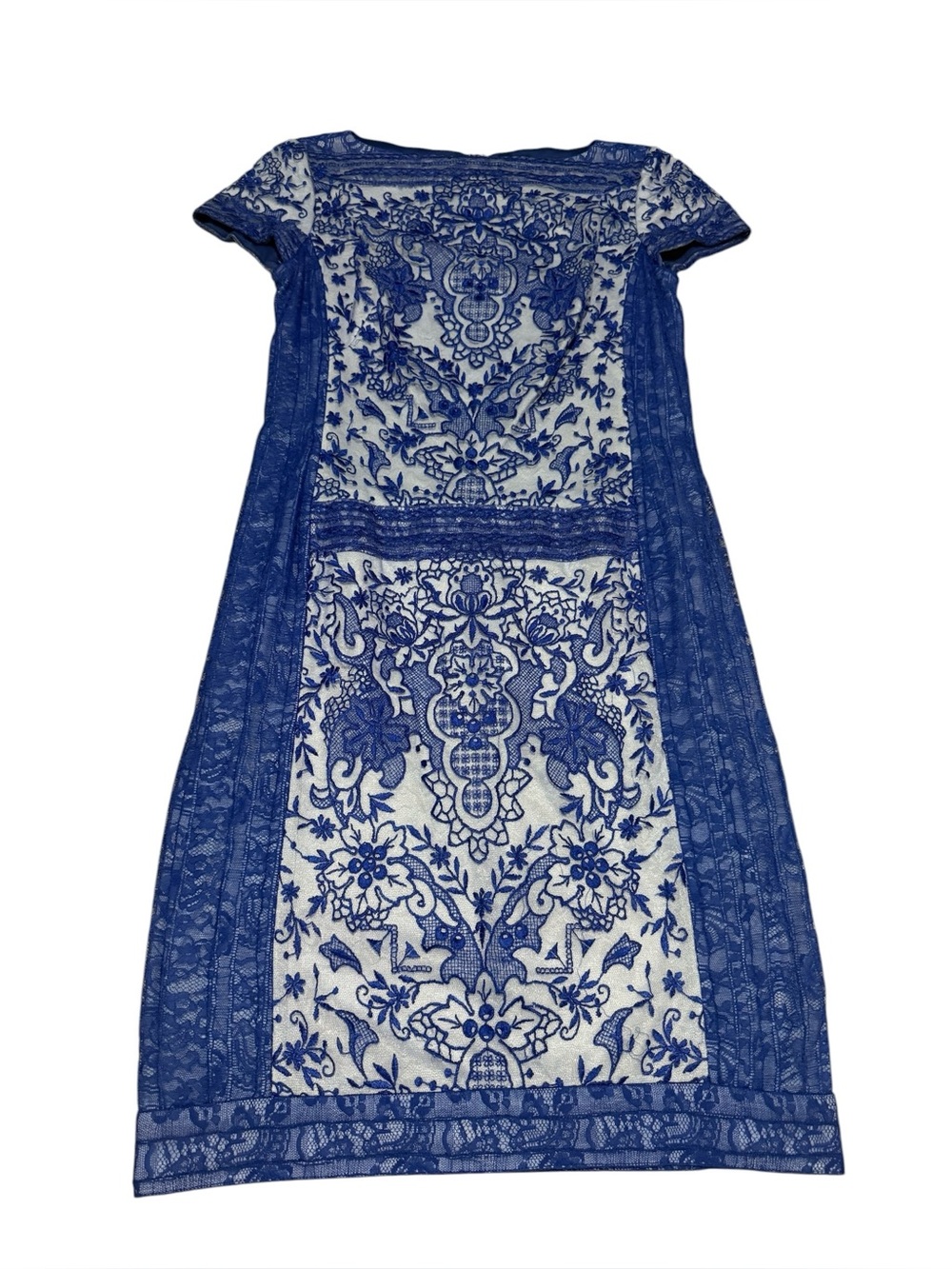 TADASHI SHOJI Runway Blue and White Lace Short Sleeve Cocktail Dress Size 8 - Picture 2 of 8
